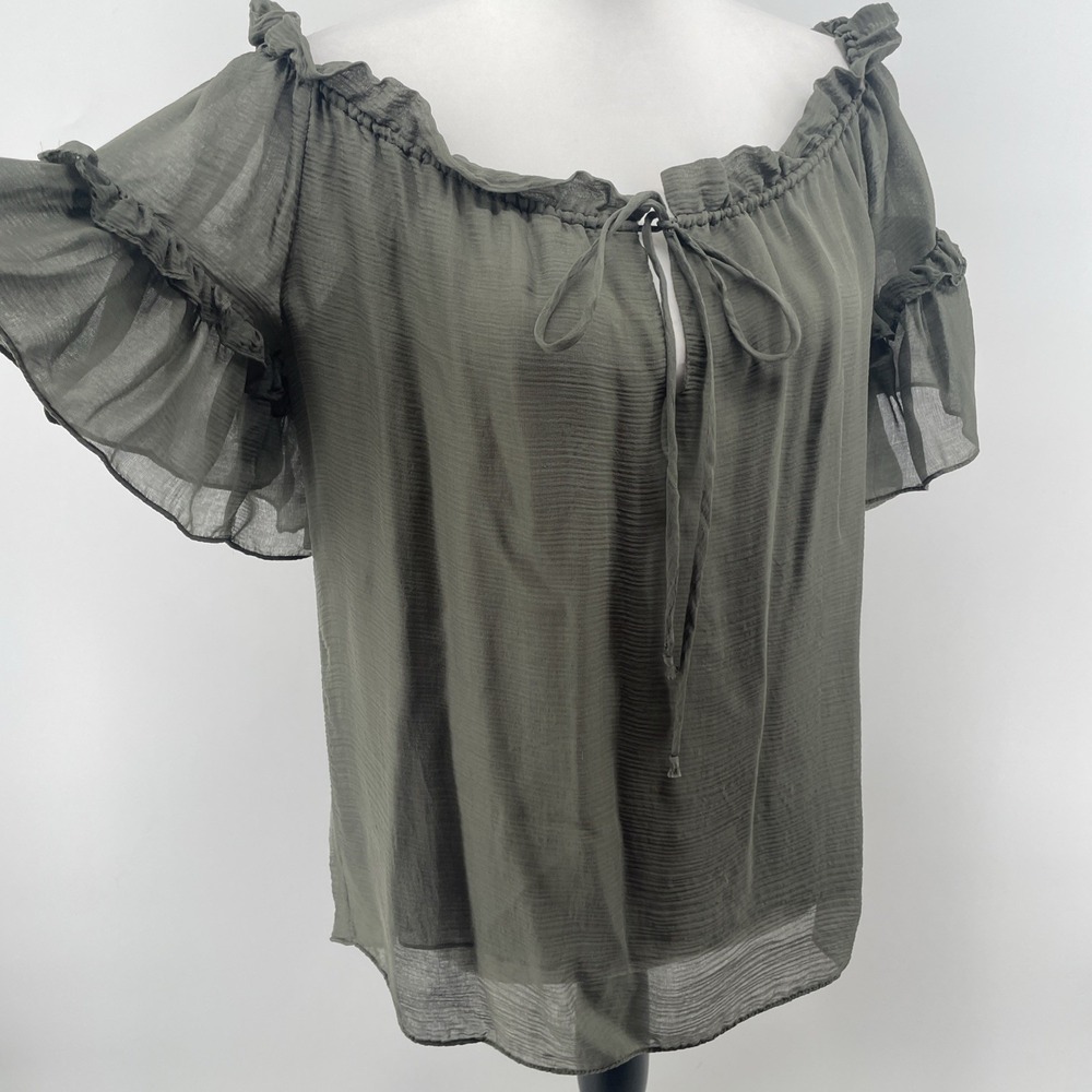 Milly 100% Silk Top Women's 2 Olive Boho Blousy Flowy Flutter Sleeves Old Money